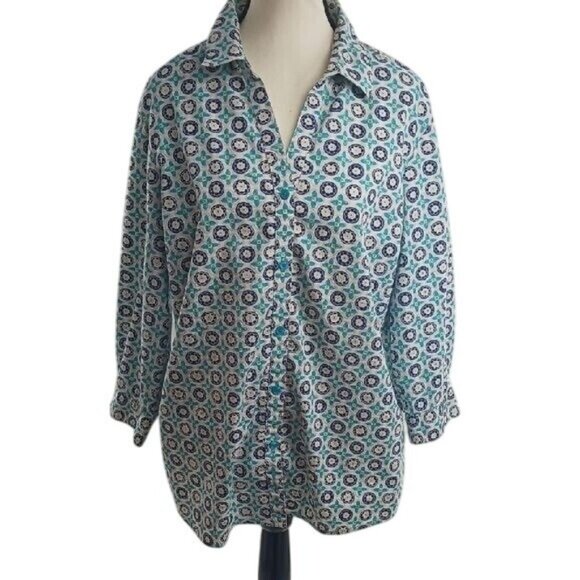 Jones New York Button Down Shirt Womens Size XL Signature Blue Geometric Floral - Picture 1 of 6